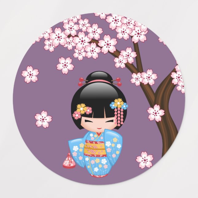 Maiko Kokeshi Doll - Blue Kimono Geisha Girl Kids' Labels (Design 1)