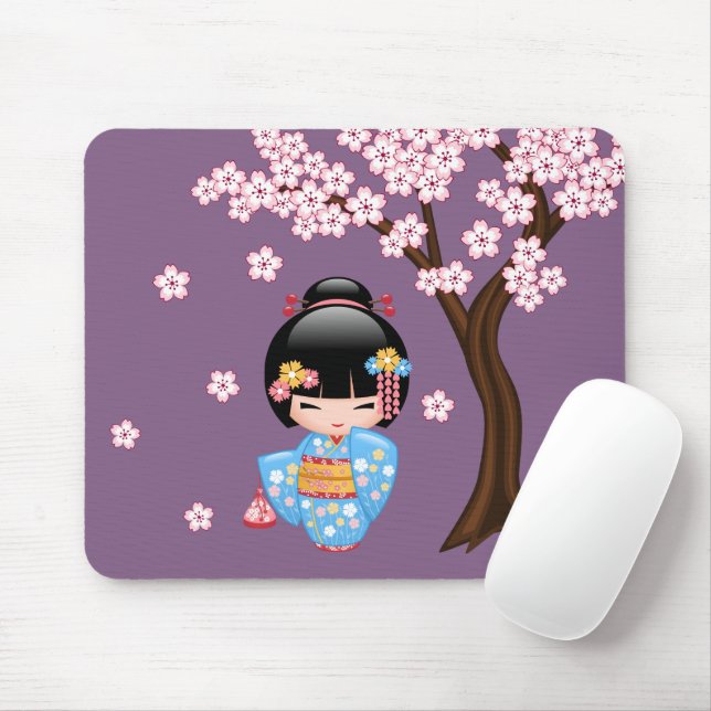 Maiko Kokeshi Doll - Blue Kimono Geisha Girl Mouse Pad (With Mouse)