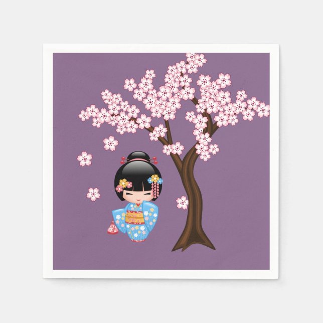 Maiko Kokeshi Doll - Blue Kimono Geisha Girl Napkins (Front)