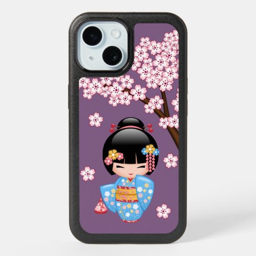 Maiko Kokeshi Doll _ Blue Kimono Geisha Girl iPhone 15 Case