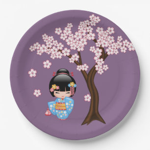 Maiko Kokeshi Doll - Blue Kimono Geisha Girl Paper Plates