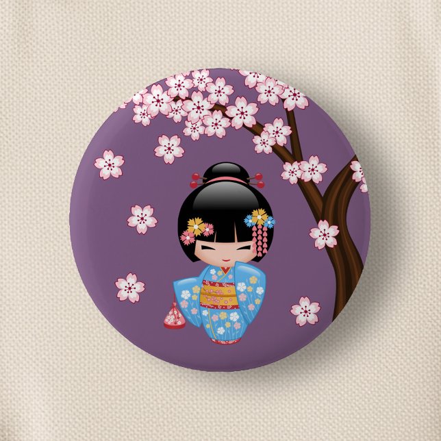 Maiko Kokeshi Doll - Blue Kimono Geisha Girl Pinback Button (Creator Uploaded)