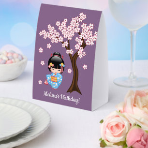 Maiko Kokeshi Doll Blue Kimono Geisha Girl Purple Paper Table Tent