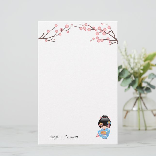 Maiko Kokeshi Doll - Blue Kimono Geisha Girl Stationery (Standing Front)