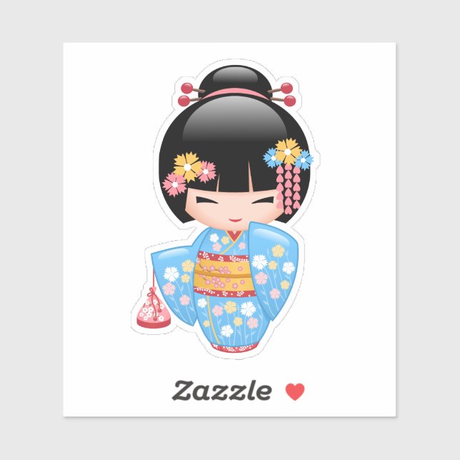 Maiko Kokeshi Doll - Blue Kimono Geisha Girl Sticker (Sheet)