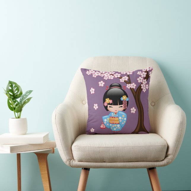 Maiko Kokeshi Doll - Blue Kimono Geisha Girl Throw Pillow (Chair)