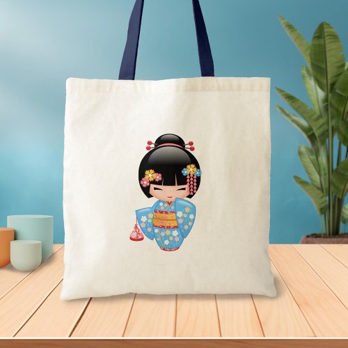 Maiko Kokeshi Doll _ Blue Kimono Geisha Girl Tote Bag