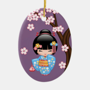 Maiko Kokeshi Doll - Cute Geisha Girl on Purple Ceramic Ornament