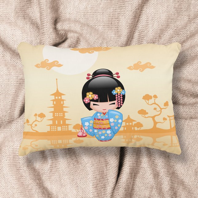 Maiko Kokeshi Doll Cute Geisha Girl Yellow Accent Pillow (Creator Uploaded)