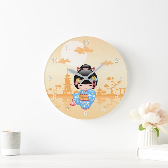 Maiko Kokeshi Doll Cute Geisha Girl Yellow Large Clock (Home)