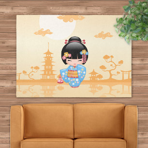 Maiko Kokeshi Doll Cute Geisha Girl Yellow Rug