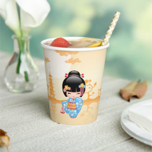 Maiko Kokeshi Doll - Cute Japanese Geisha Girl Paper Cups