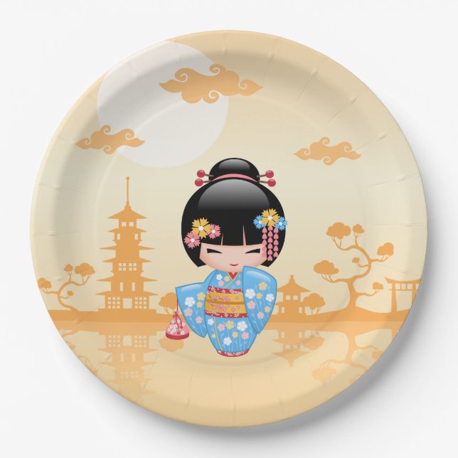 Maiko Kokeshi Doll - Cute Japanese Geisha Girl Paper Plates (Front)