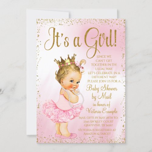 Mail Baby Shower Pink Gold Blonde Princess Tutu Invitation