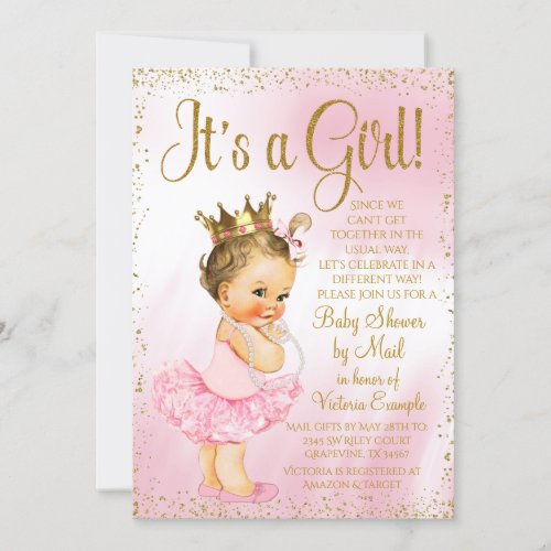 Mail Baby Shower Pink Gold Brunette Princess Tutu Invitation