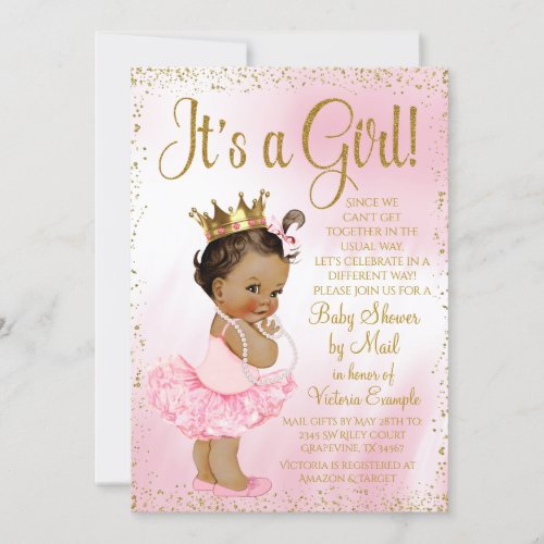 Mail Baby Shower Pink Gold Ethnic Princess Tutu Invitation
