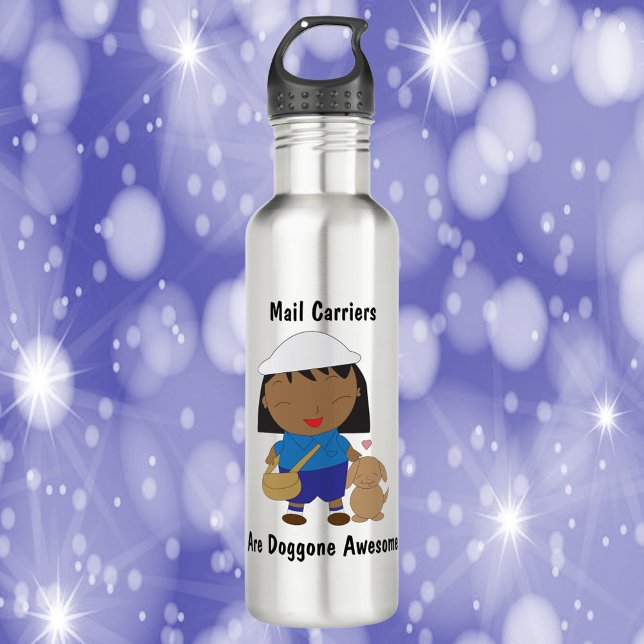 Mail Carriers Are Doggone Awesome Black Female Stainless Steel Water Bottle (A water bottle featuring a black female mail carrier and the text, Mail Carriers Are Doggone Awesome)