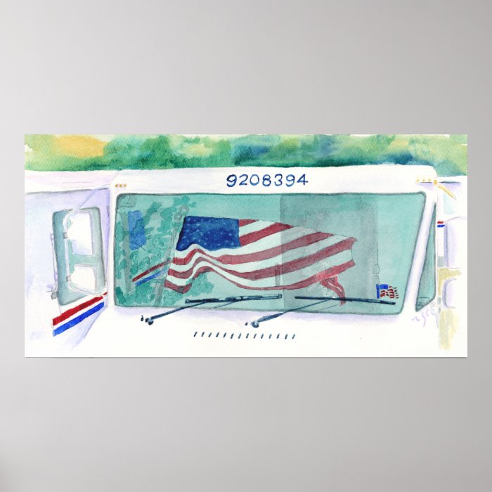 Mail Postal Truck and Flag Print