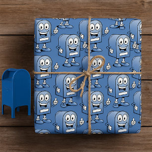 Mailbox Mascot Happy Blue Postal Character Wrapping Paper