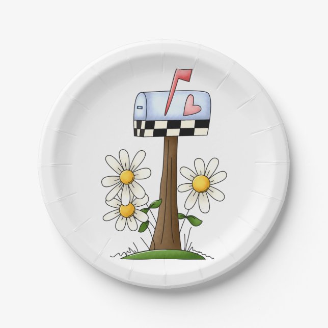 Mailbox with Daisies and Heart Flag Country Garden Paper Plates (Front)