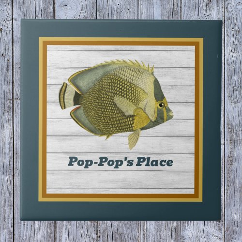 Mailed Butterflyfish in Teal and Gold with Name Ceramic Tile