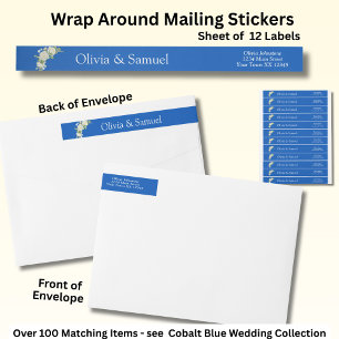 Mailing Stickers, Cobalt Blue & White Roses Wrap Around Label
