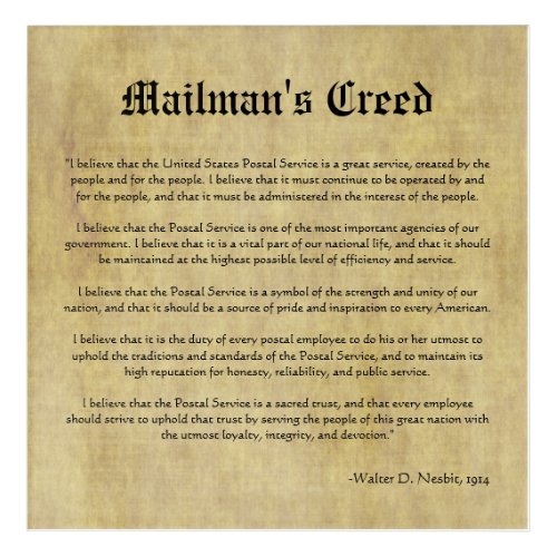 Mailmans Creed Letter Carrier Gift  Acrylic Print