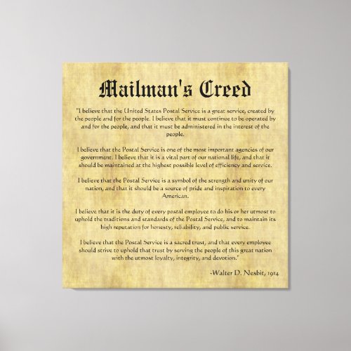 Mailmans Creed Letter Carrier Retirement Gift   Canvas Print