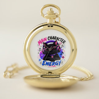 Main Character Energy Black Cat Music Lover Pocket Watch