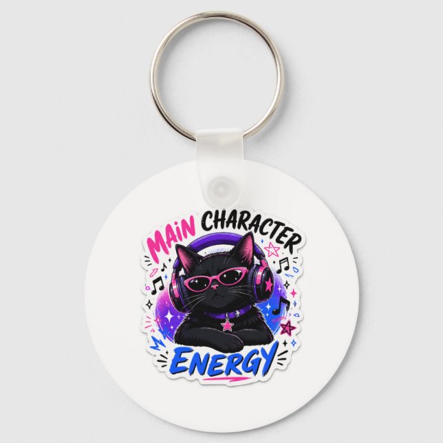 Main Character Energy Black Cat Sticker Keychain (Front)