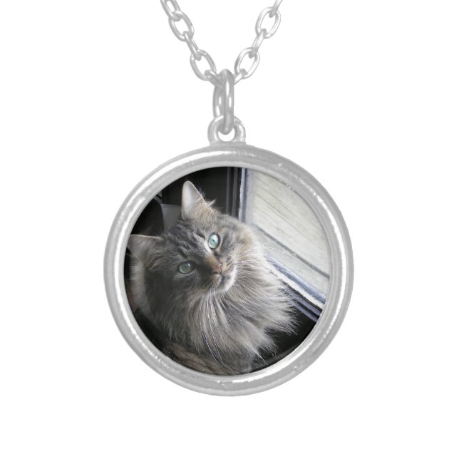 Main Coon Kitty Cat Silver Plated Necklace (Front)