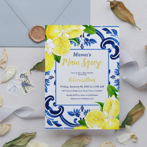 Main Sqeeze Blue Tile Lemon Citrus Baby Shower Invitation