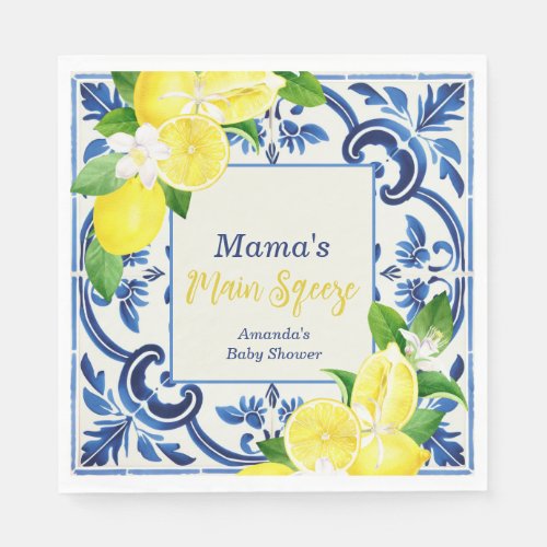 Main Sqeeze Blue Tile Lemon Citrus Baby Shower Napkins