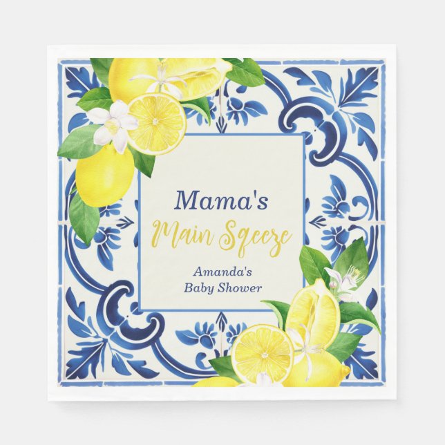 Main Sqeeze Blue Tile Lemon Citrus Baby Shower Napkins (Front)