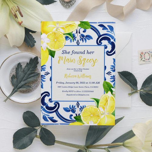 Main Sqeeze Blue Tile Lemon Citrus Bridal Shower Invitation