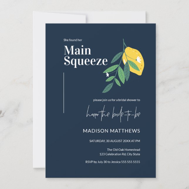 Main Squeeze Blue Lemon Citrus Bridal Shower Invitation (Front)