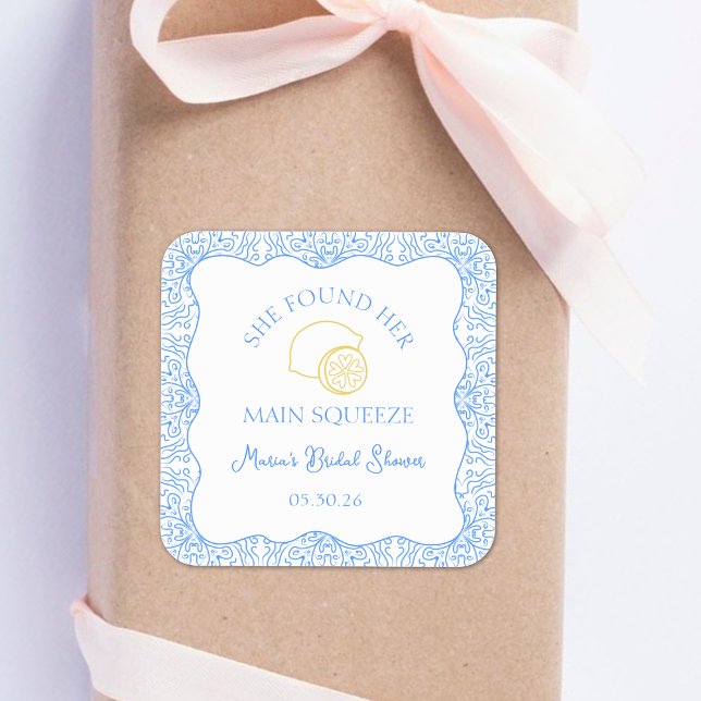 Main Squeeze Bridal Shower Lemon Blue Favor Square Sticker (Custom 'She Found Her Main Squeeze' stickers, perfect for adding a fun touch to bridal shower favors)
