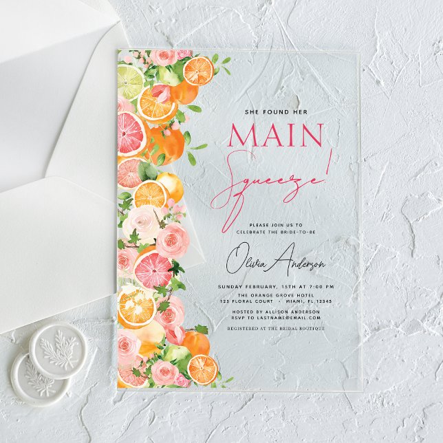 Main Squeeze Citrus Bridal Shower Orange Acrylic Invitations (Creator Uploaded)