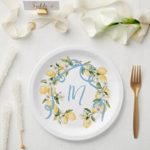 Main Squeeze Citrus Lemon Monogram Bridal Shower Paper Plates