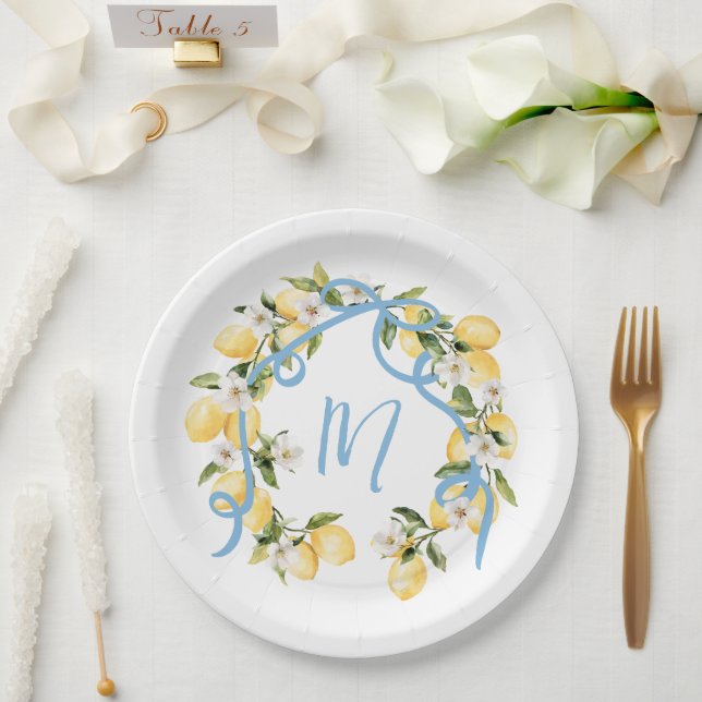 Main Squeeze Citrus Lemon Monogram Bridal Shower Paper Plates (Wedding)