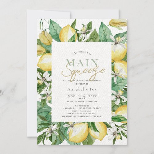 Main Squeeze Citrus Lemon Watercolor Bridal Shower Invitation