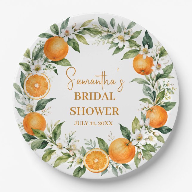 Main Squeeze Citrus Orange Bridal Shower Paper Plates (Front)
