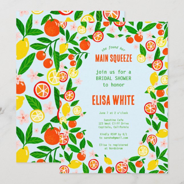 MAIN SQUEEZE Citrus Summer Bright BRIDAL SHOWER Invitation (Front/Back)