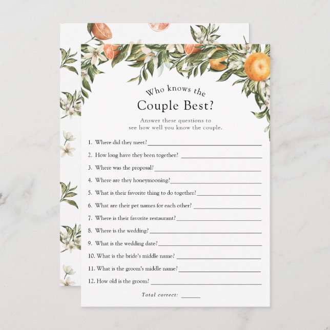 Main Squeeze Citrus Who Knows the Couple Best Game Invitation (Front/Back)