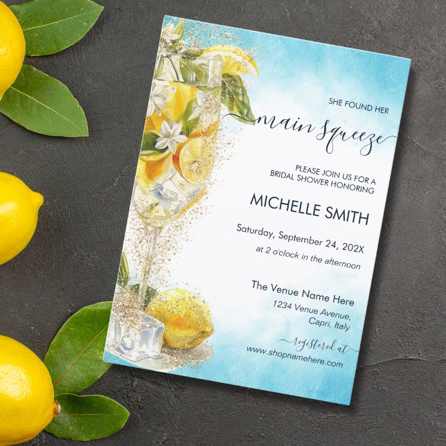 Main Squeeze Cocktail Italy Bridal Shower Invitation (watercolor yellow and blue cocktail)