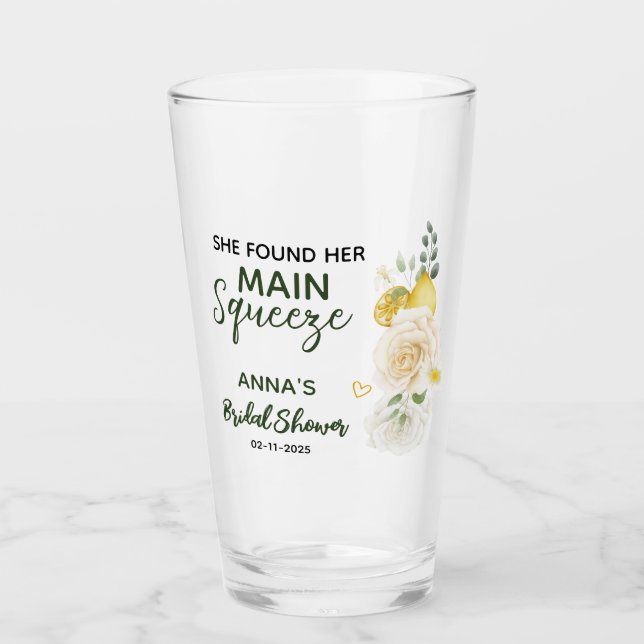 Main Squeeze Elegant Lemon Floral Bridal Shower  Glass (Front)