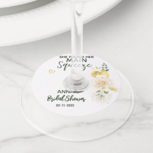 Main Squeeze Elegant Lemon Floral Bridal Shower Wine Glass Tag