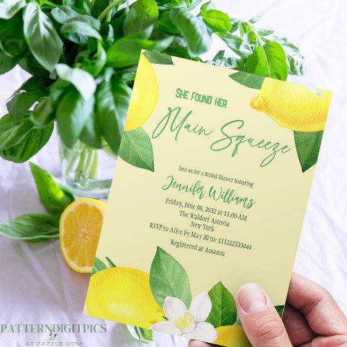 Main Squeeze Elegant Lemon Yellow Citrus Shower Invitation