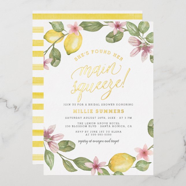 Main Squeeze Floral Lemon Wreath Bridal Shower Foil Invitation (Front/Back)