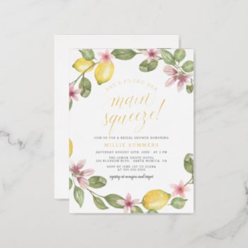 Main Squeeze Floral Lemon Wreath Bridal Shower Foil Invitation Postcard by Eugene_Designs at Zazzle